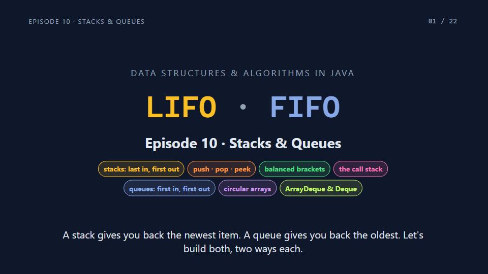 Title card of Episode 10: Stacks & Queues